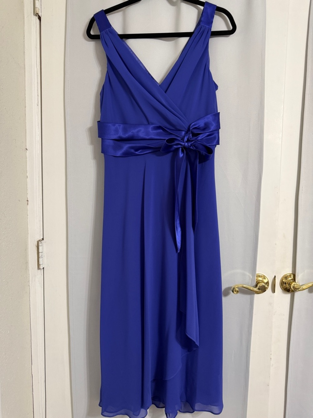 Evan Picone Royal Blue V-Neck Midi Dress with Satin Waist Bow